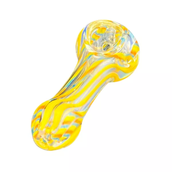 Modern glass pipe with yellow and white striped design. Curved shape with clear bowl and stem. Bowl has small hole at top and stem has small knob.