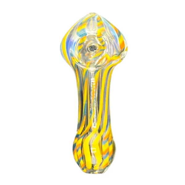 Glass pipe with long, curved shape, yellow & white stripes, large base & narrow neck, small mouthpiece - ACHP124.