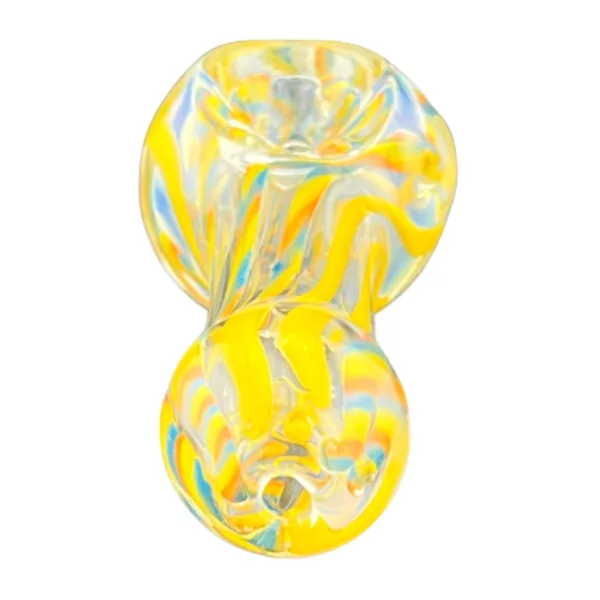 Swirled glass pipe with clear base, wide mouthpiece, large bowl, and long curved stem for comfortable grip. Elegant and attractive design.