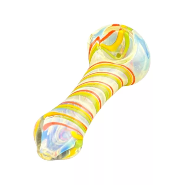 Unique, multi-colored glass bubbler with intricate patterns and modern design. Comfortable mouthpiece and raised bead on base. Perfect for any collection.