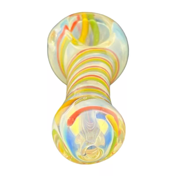 Elegant glass pipe with yellow, green, and blue swirls, small bowl and clear stem. VSACHP113.