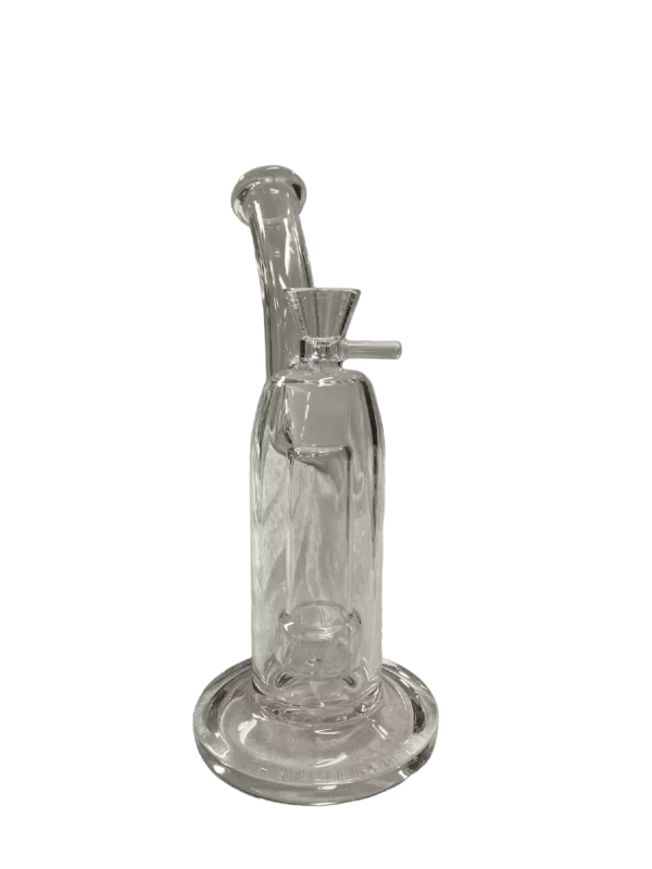 A curved glass pipe with a metal stand, ideal for smoking.