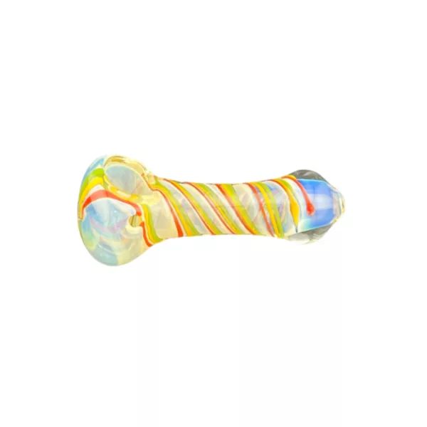 Long, curved glass pipe with colorful, swirling design of yellow, green, and blue. Features small, round bowl and stem with clear glass and small, round knob.