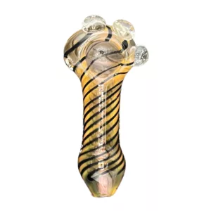 Yellow and black striped glass pipe with small, round base and long, curved neck. Perfect for enjoying your favorite smoke. #VSACHP46