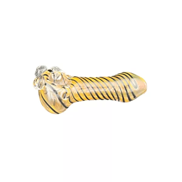 Tiger-shaped glass pipe with yellow and black stripes, tiger's mouth open with smoke coming out. Sits on white background.