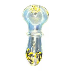 Yellow and black glass pipe with clear base and swirling design. Triflower Spoon - VSACHP63.