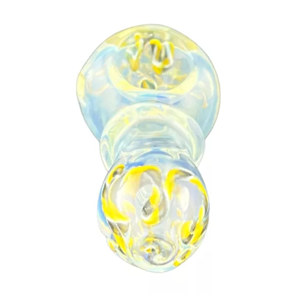 Clear glass spoon with yellow & white swirls, smooth handle & small hole. 3 handle, 4 total length. No bowl.