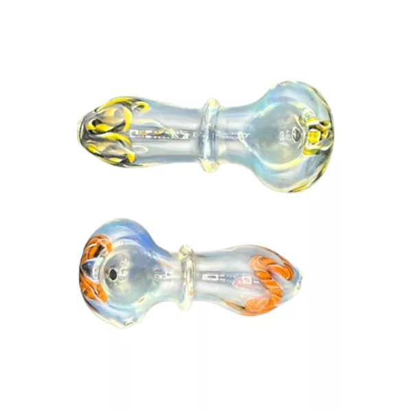 Clear glass pipe with colorful flame design on end.