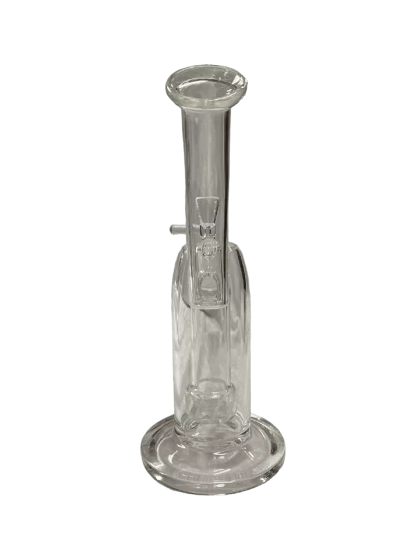 Minimalist glass bong with curved body, flat stem, and small hole at bottom. Stand with curved base and flat top provides stability.