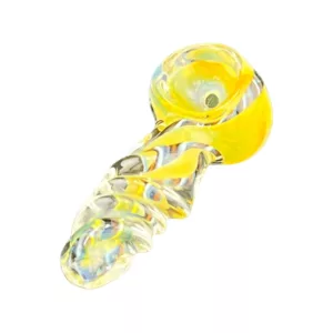 Glass pipe with yellow & white swirl design, clear base & stem, round shallow bowl, white curved lip & base.