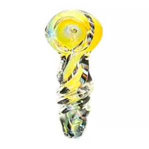 Swirled glass pipe with yellow and black design, small bowl and stem, clear glass knob with hole and beads, sitting on white background.
