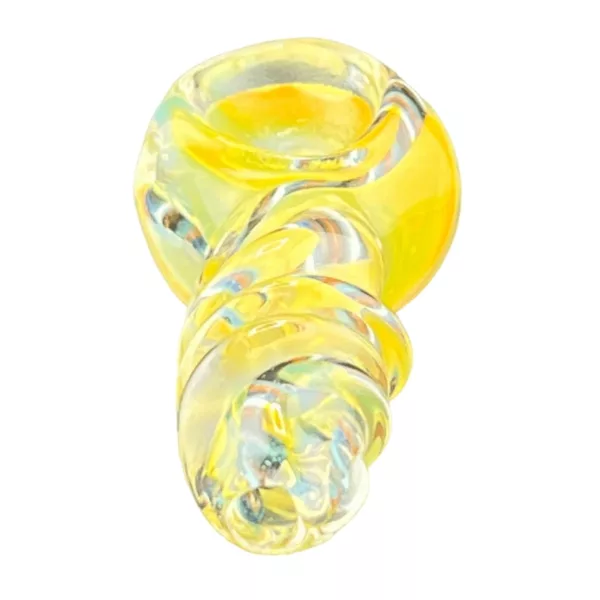 Vibrant yellow glass corkscrew with spiral design and shiny base/top. Perfect for wine lovers.