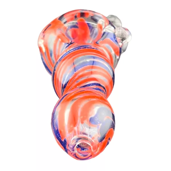 Unique glass pipe with swirled red, blue, and white design. Small bowl and stem with metal knob. Eye-catching design.