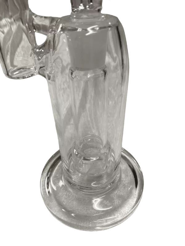 Handmade glass water pipe with curved shape and wide mouth. Comes with stand and empty bowl. Unique and stylish design.