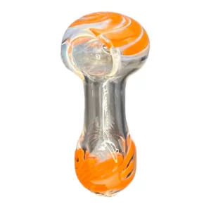 Handcrafted, clear glass pipe with white and orange spiral design and large, round bowl. Tapered stem with ornate filigree attachment.