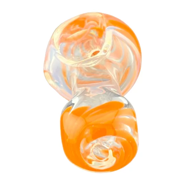Handmade glass pipe with unique orange and white swirl design on clear base and stem.