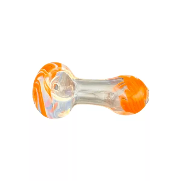 A sleek and modern glass pipe with an orange and white swirled design, clear base, small round bowl with a central hole, long curved stem, and small round base.