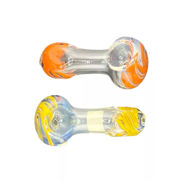 Handmade glass pipe with colorful swirl pattern and round mouthpiece.