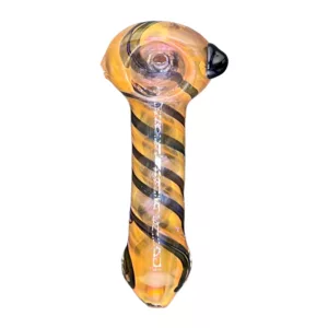 Thick Pink Fume Spoon - VSACHP78 features a spiral design in yellow, black, and white on a round glass pipe.