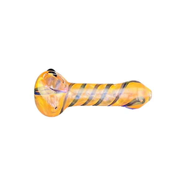 A unique glass pipe with a tiger's head mouthpiece and yellow-black striped design. The base is clear and the neck is transparent.