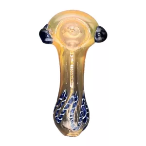 Elegant and modern glass pipe with blue and yellow design, curved shape and clear glass bowl and stem with small knob.