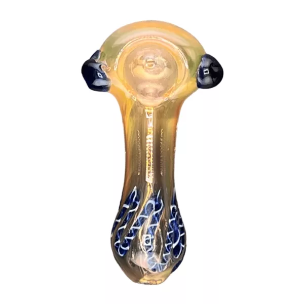 Elegant and modern glass pipe with blue and yellow design, curved shape and clear glass bowl and stem with small knob.