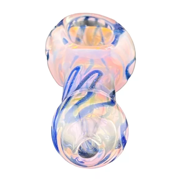 Glass pipe with pink and blue swirled design, clear glass, curved shape, small round base and tapered neck. Symmetrical, smooth surface and well-made.