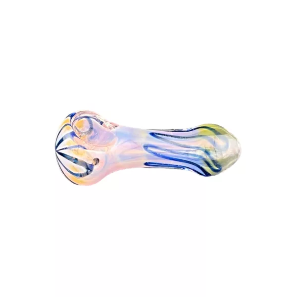 Glass water pipe with pink and blue stripes, clear base and stem, small elongated bowl with raised rim.