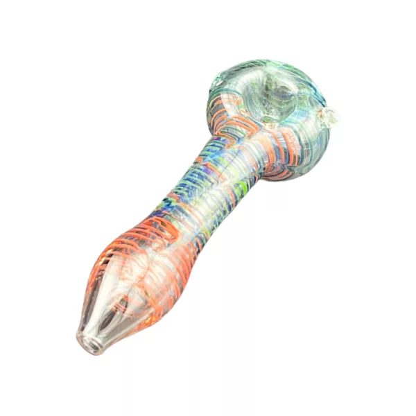 Multi Stripe HP-ACHP120 Glass Pipe: Long, curved clear glass pipe with colorful blue, green, and orange stripe design, small round base.