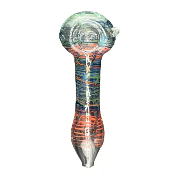 Long, curved glass pipe with colorful, swirling vortex design on clear glass body. Small mouthpiece and round base.