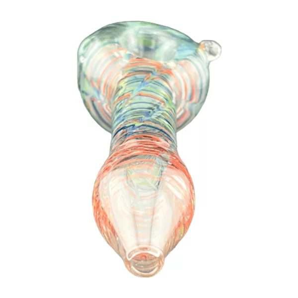 Multi-colored spiral glass dabber with clear design and small hole for concentrated cannabis extract.