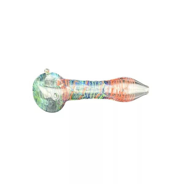 Colorful glass pipe with wave-like design, long curved shape and clear glass. Round base and tapered tip, sitting on white background.