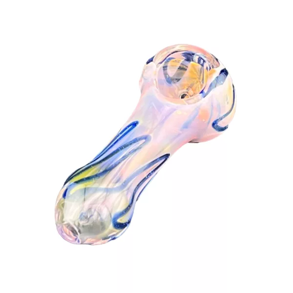 Unique clear glass pipe with blue, yellow, and orange swirl design. ACHP45 available.