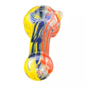 Colorful glass pipe with blue, yellow, and red swirl design. Round shape and made of glass. Sits on white background.