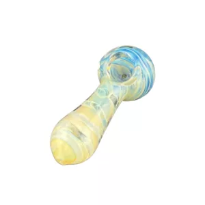 Transparent Swirl HP hookah with blue and yellow stem and base, white markings on body and bowl with white rim and side handle.