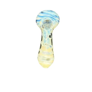Clear glass pipe with blue and yellow swirl design. Small, curved shape. Base and tip have small circular holes. Sleek and modern appearance.