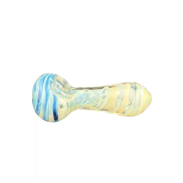 Long, transparent glass bong with swirl design and blue/yellow color scheme. Single bowl hole, downstem, and small base knob. 10 tall with curved mouthpiece.