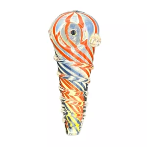 Relaxed grip, white background, red, white, and blue striped glass pipe with large bowl and small mouthpiece.
