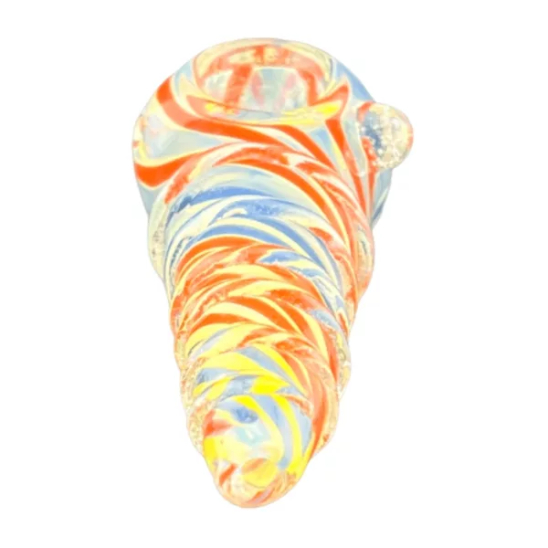 Hand holds glass pipe with colorful stripes and firm grip.