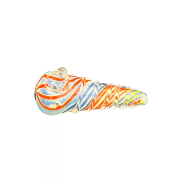 Abstract glass pipe with blue, orange, and white swirl design. Small round bowl and long curved stem decorated with zigzag and swirl patterns.