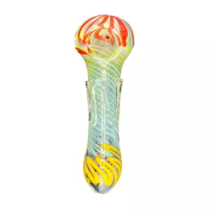 Clear glass pipe with colorful swirl design for smoking. ACHP121.