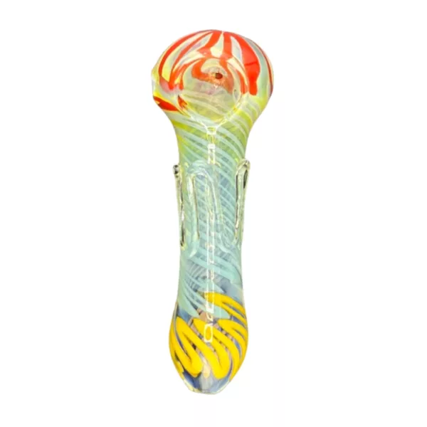 Clear glass pipe with colorful swirl design for smoking. ACHP121.