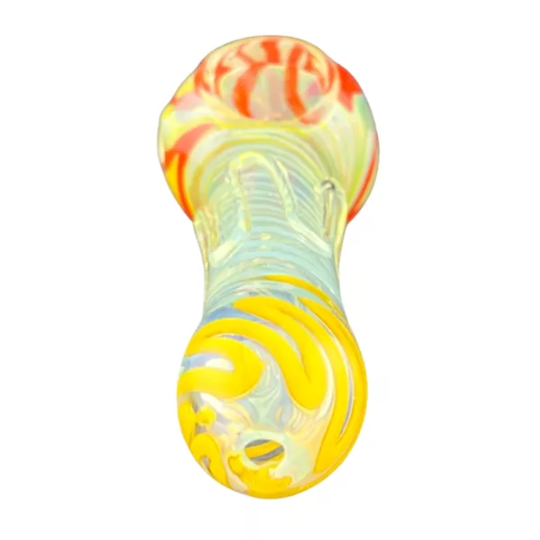 Intricate, colorful glass smoking pipe with a wave-inspired design. Small bowl, smooth cylinder shape.