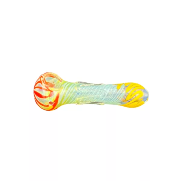 Wavey HP bong with yellow and white swirling design on clear glass body and stem. Base and stem included. White background.