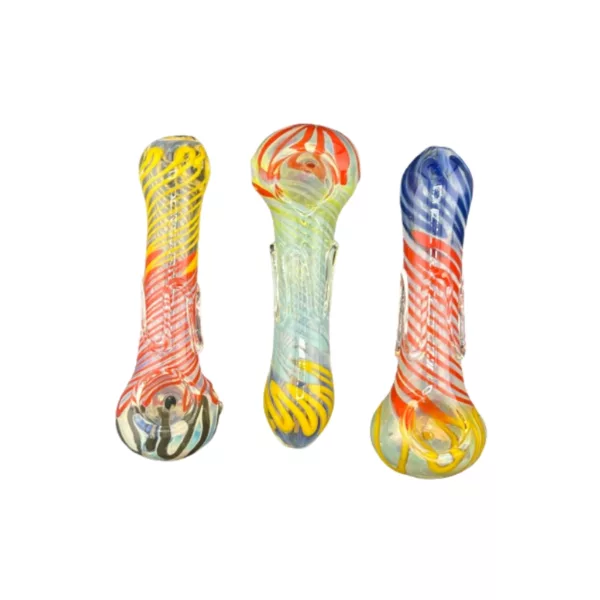 Three colorful glass pipes with wave design for smoking.