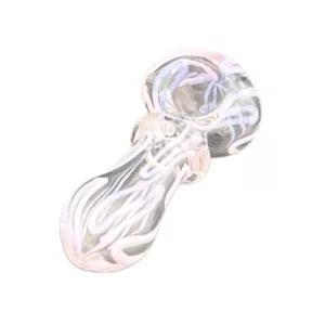 Clear Pink Swirl HP glass dabber with curved shape and small hole in center. Pink swirl design on glass. VSXY141.