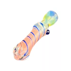 Handcrafted purple and blue striped glass chillum with a twist in the middle, blue stem and curved base. Taller base with raised ridge. White surface.