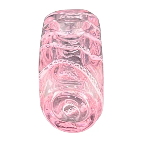 A circular piece of jewelry made from pink glass or crystal, likely a ring or bracelet, with a smooth surface and no visible features or patterns.