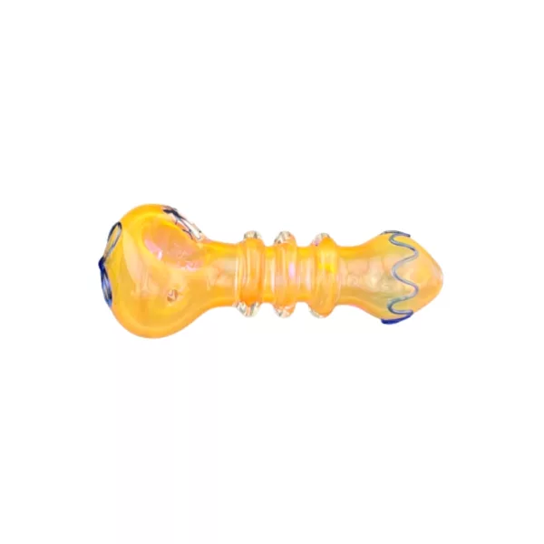Stylish glass pipe with yellow and blue design. Curved shape and clear glass make for a modern and sleek appearance.