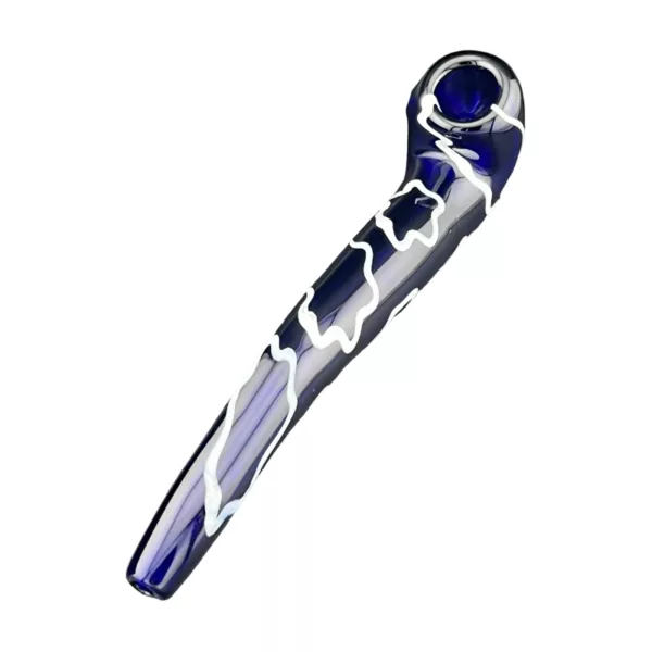 Modern, long blue glass pipe with white etching and bowl decor. Intended for tobacco use, not for minors.